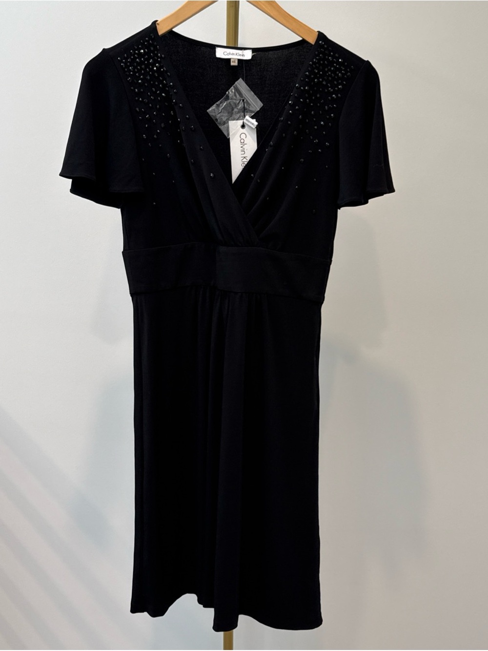 Calvin Klein Black V-Neck Dress with Rhinestone Embellishments XS